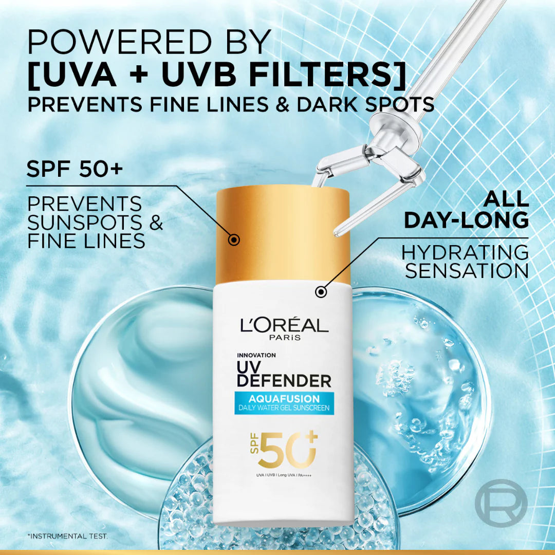 L'Oréal Paris - UV Defender, Aquafusion Daily Water Gel Sunscreen, SPF50+ PA++++, Defends from all UV aging signs, Absorbs in 3 Seconds, 50ml | MazenOnline
