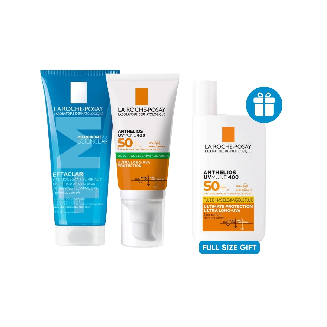 Anthelios UVMUNE 400 SPF50+ Oil Control Gel Cream + Effaclar Acne Foaming Cleansing Gel for Oily and Acne Prone Skin get Anthelios Uvmune400 Invisible Fluid Sunscreen SPF50+