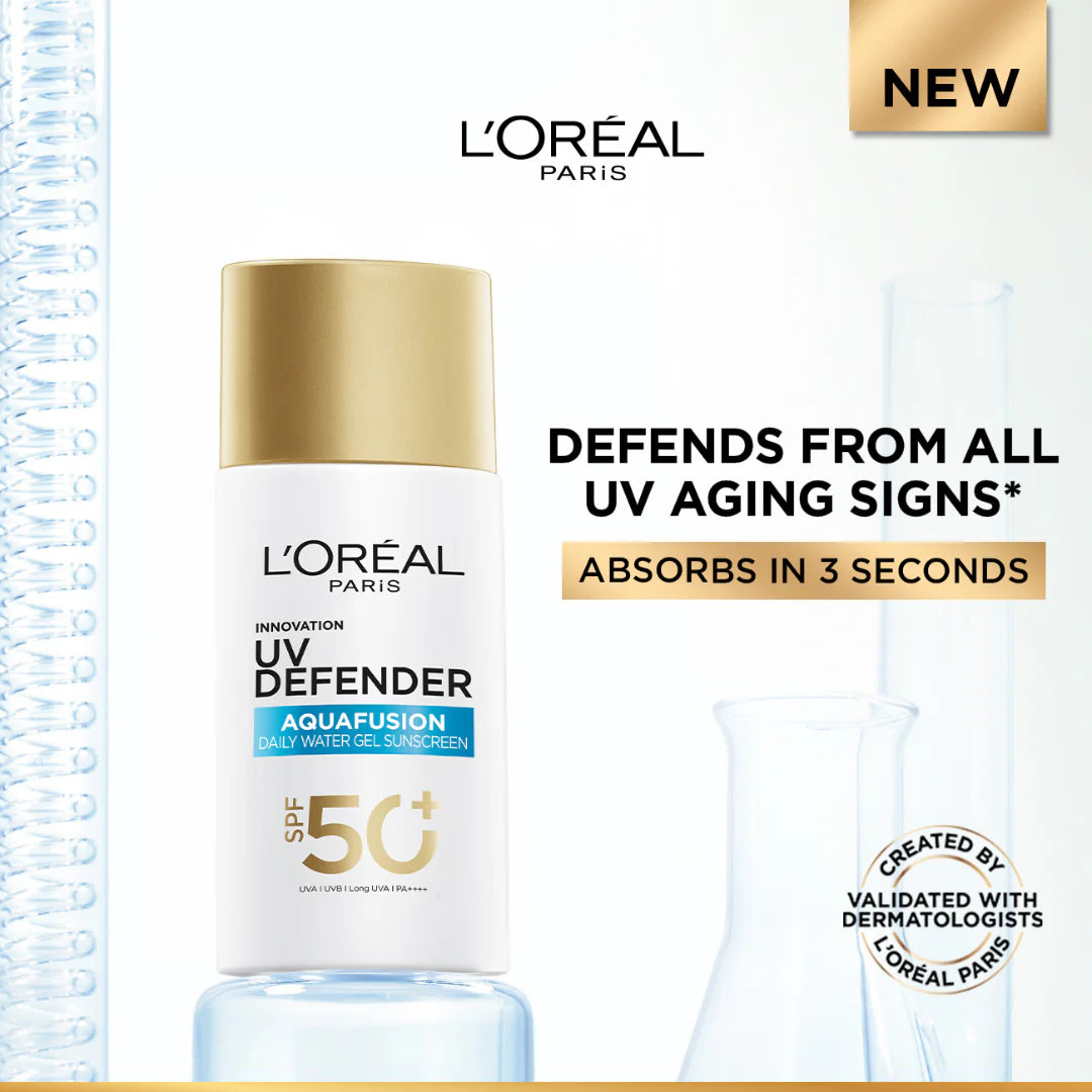 L'Oréal Paris - UV Defender, Aquafusion Daily Water Gel Sunscreen, SPF50+ PA++++, Defends from all UV aging signs, Absorbs in 3 Seconds, 50ml | MazenOnline
