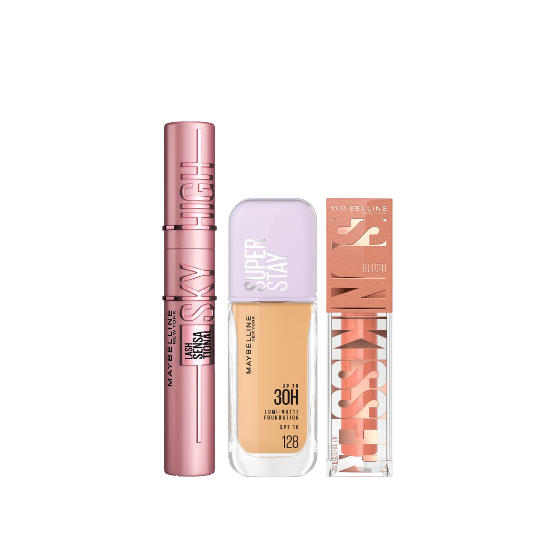 Foundation Super Stay Up To 30h Lumi Matte + Sunkisser 12H Longwear Multi-use + Lash Sensational Sky High