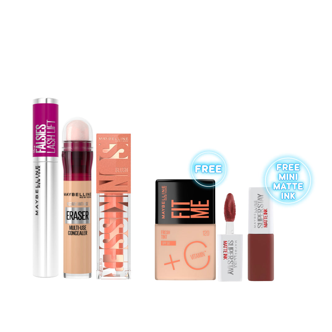 Maybelline New York - Instant Age Rewind Concealer + The Falsies Lash Lift Mascara + Sunkisser Multi-Use Liquid Blush And Bronzer + Fit Me Fresh Tint Vitamin C SPF50 + Gift | MazenOnline