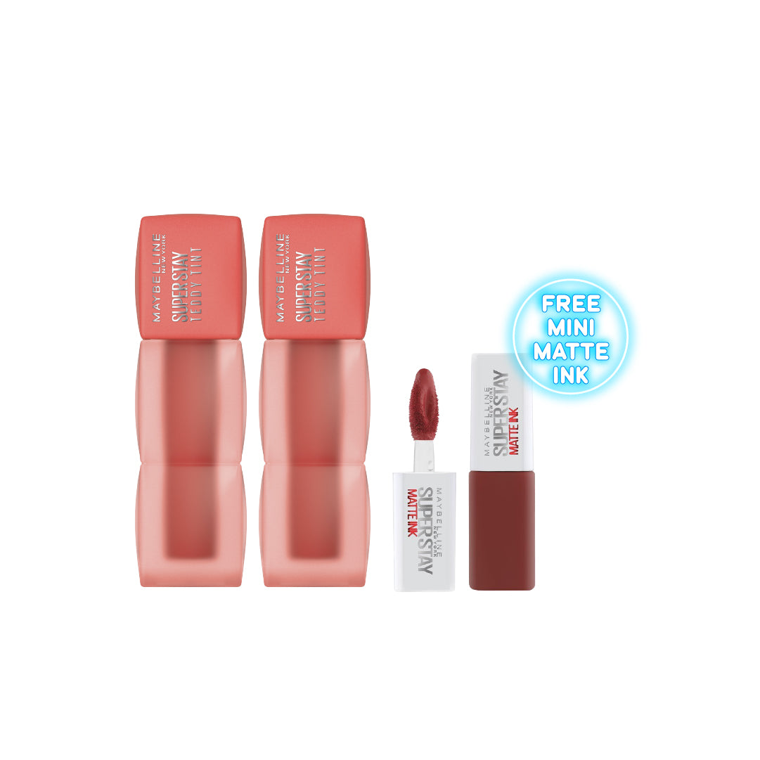Maybelline New York - 2 * Super Stay Teddy Tint  Soft Blurred Matte Lip Tint | 12h Longwear, Transfer proof + Gift | MazenOnline
