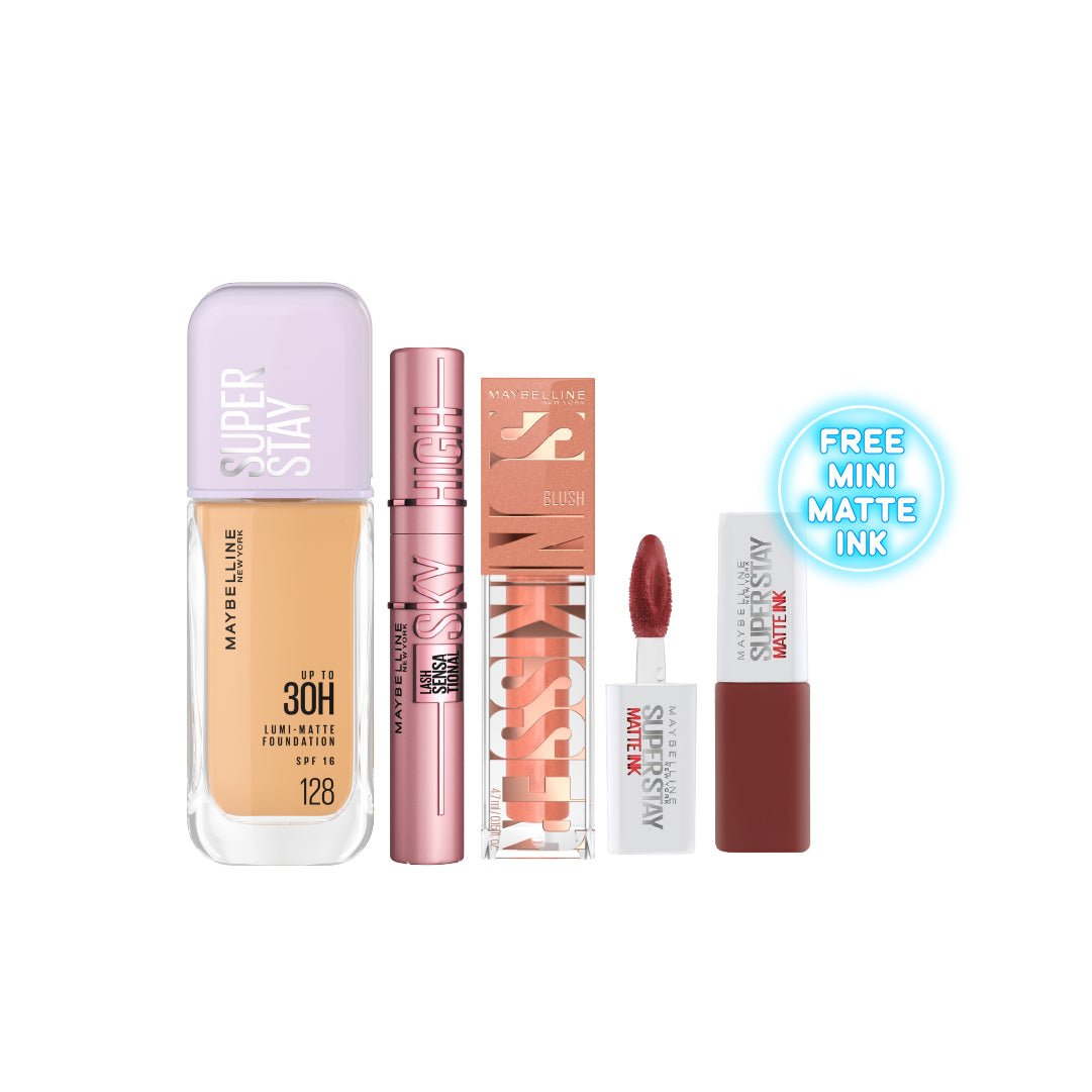 Maybelline New York - Foundation Super Stay Up To 30h Lumi Matte + Sunkisser Multi-Use Liquid Blush And Bronzer + Lash Sensational Sky High + Gift | MazenOnline